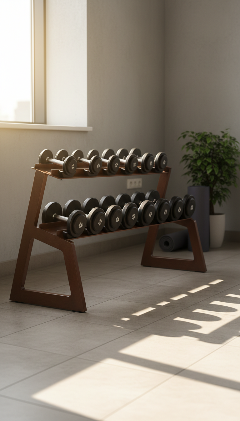 A set of neatly arranged classic dumbbells with textured black rubber grips and clean chrome handles, set upon a smooth, dark wooden rack. The scene is positioned in a spacious, uncluttered workout area with light gray walls and subtle geometric patterns in the flooring. Gentle afternoon sunlight filters in from a large window, bathing the equipment in a soft, natural glow and casting gentle yet defined shadows. The composition uses an eye-level angle and rule of thirds, highlighting the tranquility and accessibility of the space. The photographic realism and inviting atmosphere emphasize a calm, friendly gym environment, making the space appear welcoming and pressure-free.